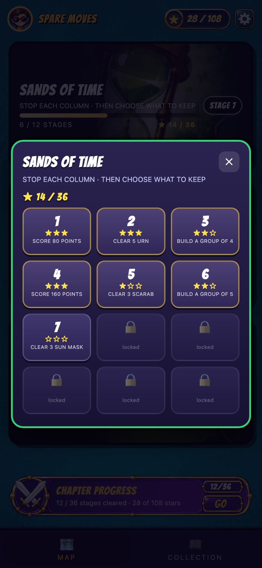 Stage picker with objectives and stars